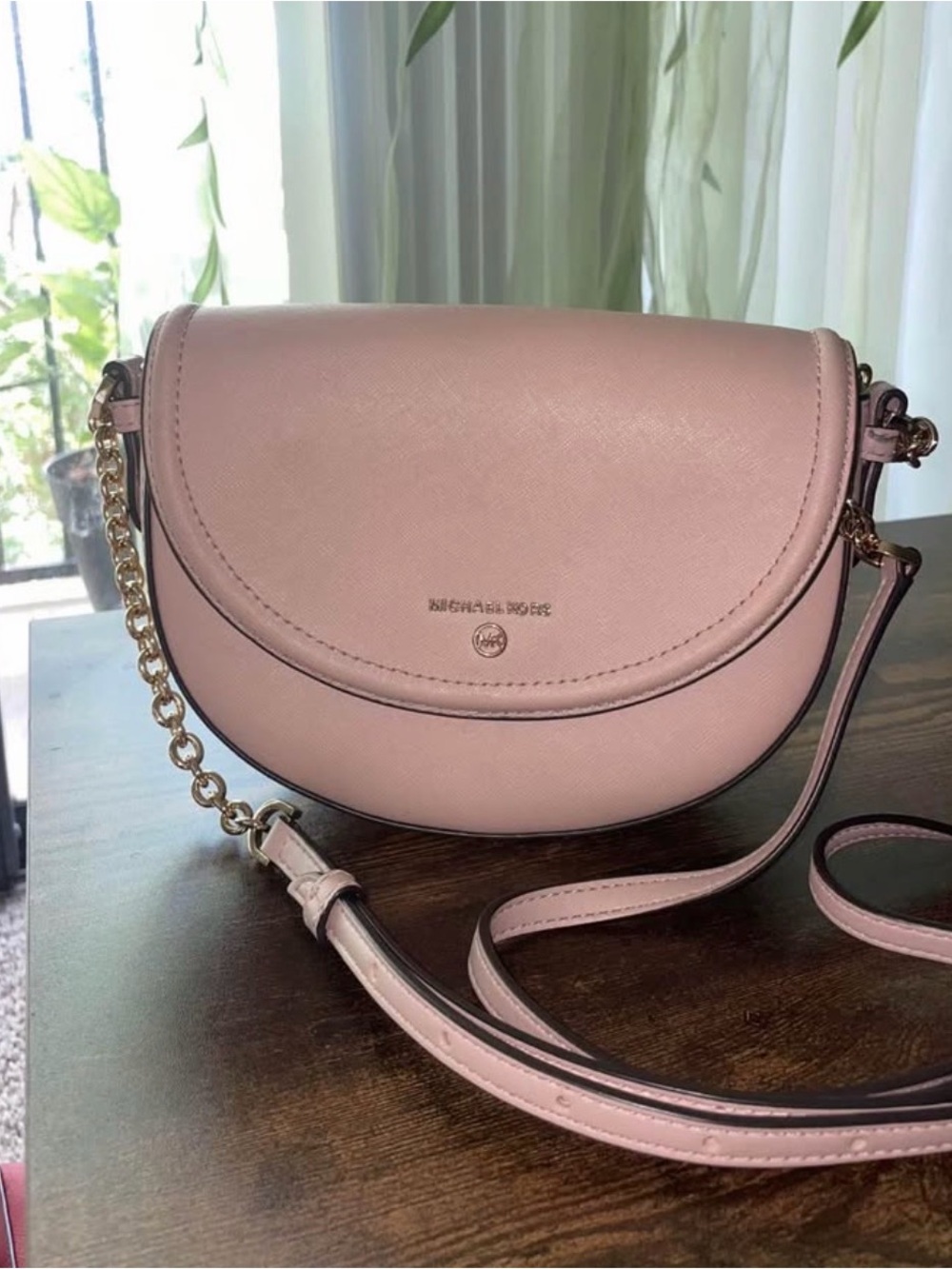 Michael Kors Blush Pink Leather Crossbody Saddle Bag with Gold Chain